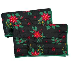 2 Christmas Poinsettia Quilted Pillow Sham Black Green Red 20x36 Festive Cottage